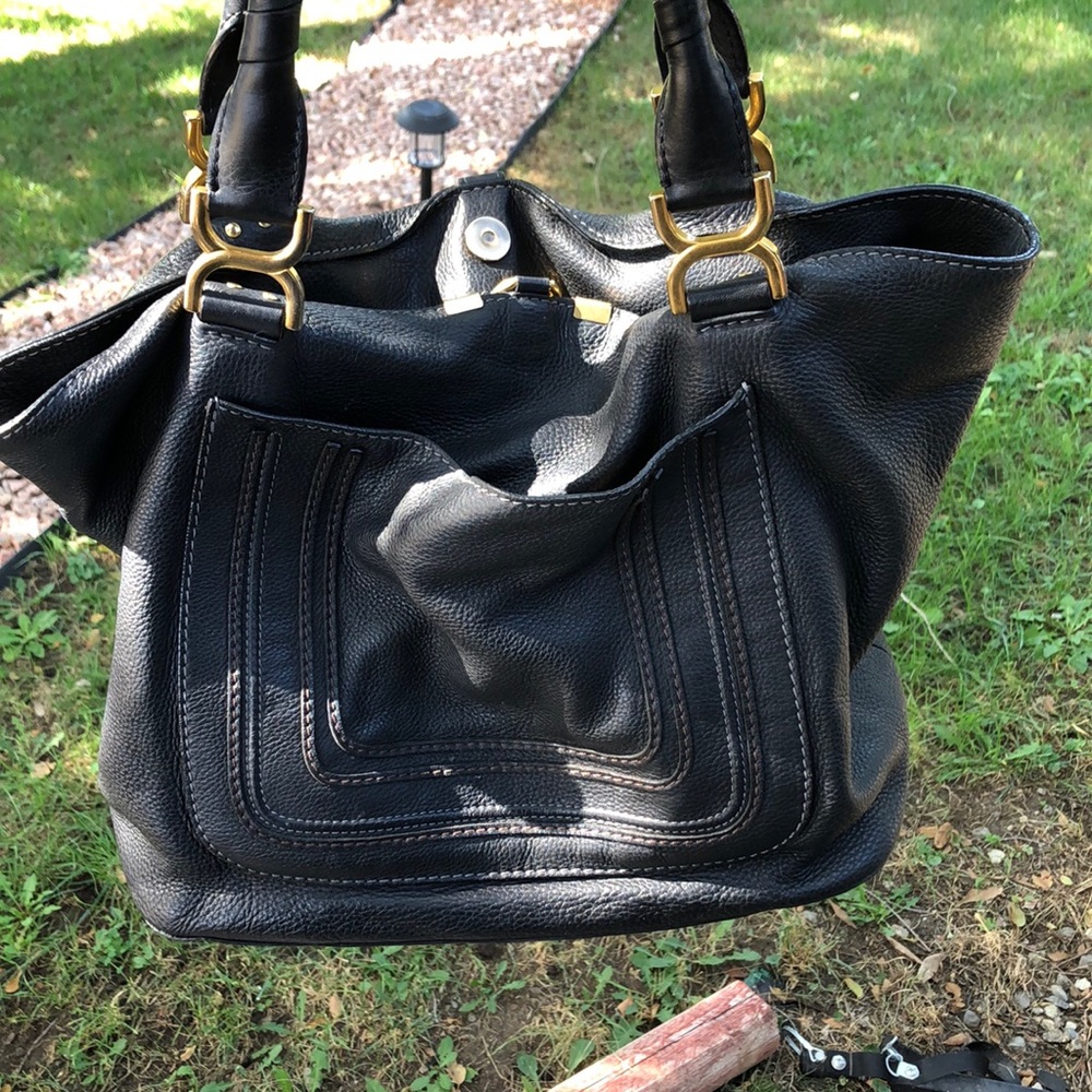 Chloe (made in Italy) luxury black pebbled leather handbag with gold hardware